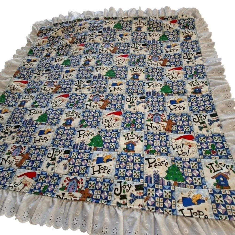 Quilted Throw Blanket With Ruffled Eyelet Trim Santa Snowman Joy Quilt